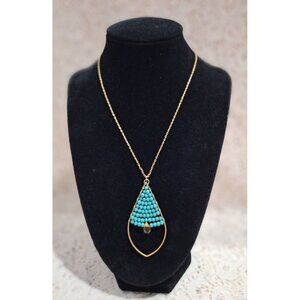 EUC Stella and Dot Gold-tone Necklace W/ Teardrop Turquoise Bead Pendant & Cryst